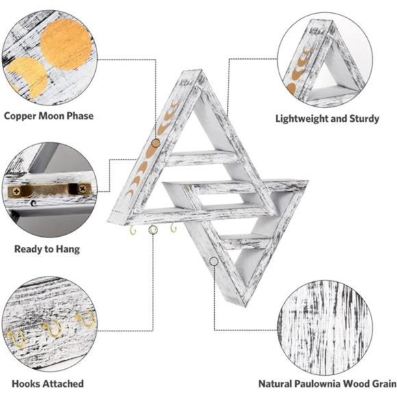 Moon Phase Triangle Shelf with Hooks - Moon Shelf for Crystals- Witchy White - Picture 5 of 7